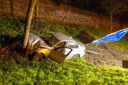 Automobilist onder invloed rijdt verkeersbord omver en eindigt tegen boom