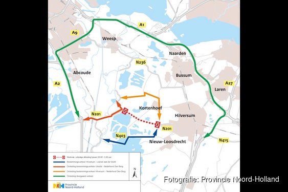 N201 tussen Hilversum en Vreeland 2 weken ’s nachts afgesloten voor onderhoud