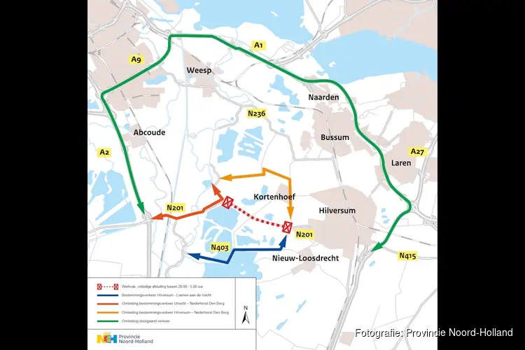 N201 tussen Hilversum en Vreeland 2 weken ’s nachts afgesloten voor onderhoud